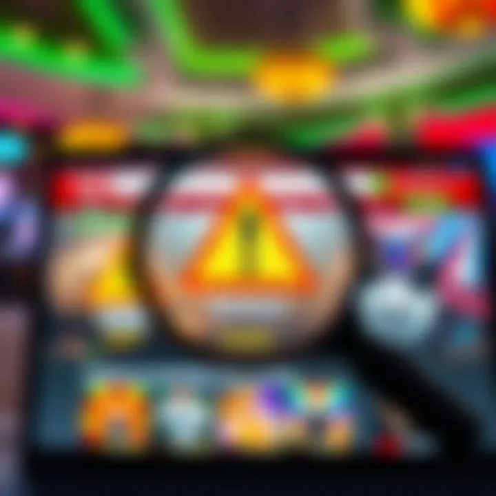 Illustration showing a magnifying glass over a digital casino website displaying warning signs
