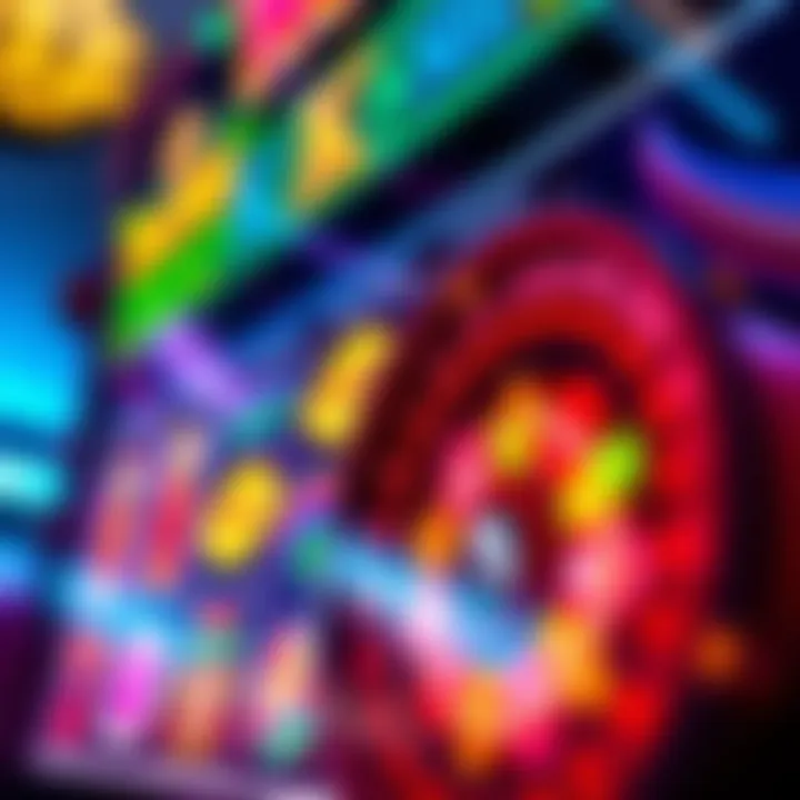 Colorful online slot machine interface featuring vibrant symbols and a spinning reel