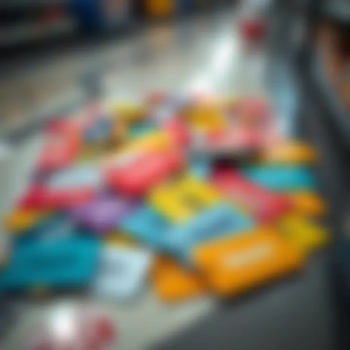 Colorful assortment of discount tags and coupons with Ozwin branding scattered on a shopping surface