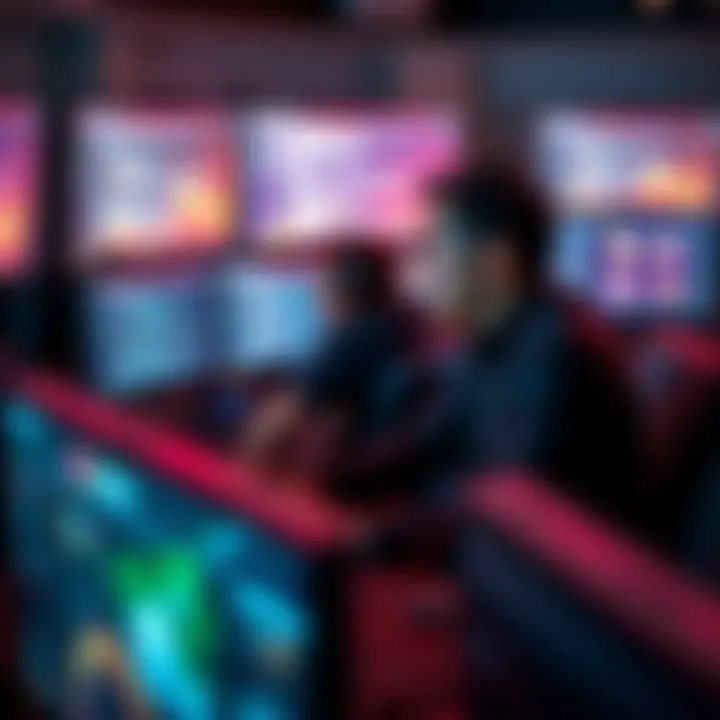 A collaborative team working on software development with multiple screens displaying code and game designs