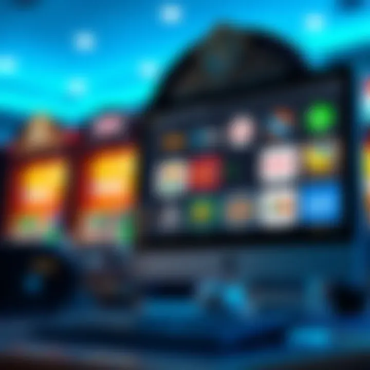 Illustration of a computer screen displaying popular online pokies providers and legal compliance icons