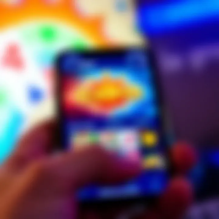 Ozwin Casino App Interface Showcasing Game Selection Mobile device displaying a vibrant interface of the Ozwin Casino app with various gaming options visible