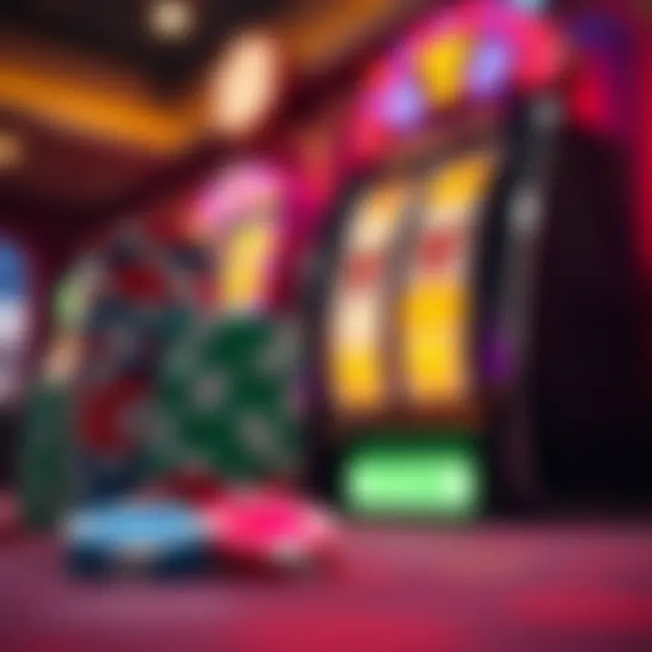 Colorful casino chips stacked next to a glowing slot machine