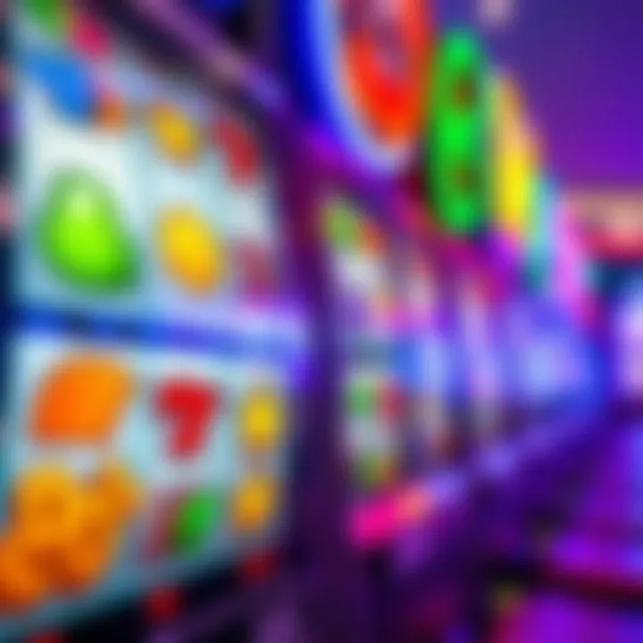 Bright and colorful casino slot machine reels with various symbols and vibrant lights