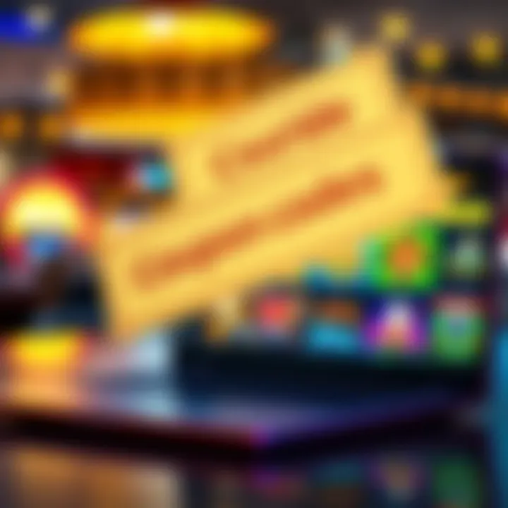 Bright digital coupon codes floating over a laptop screen with casino game icons