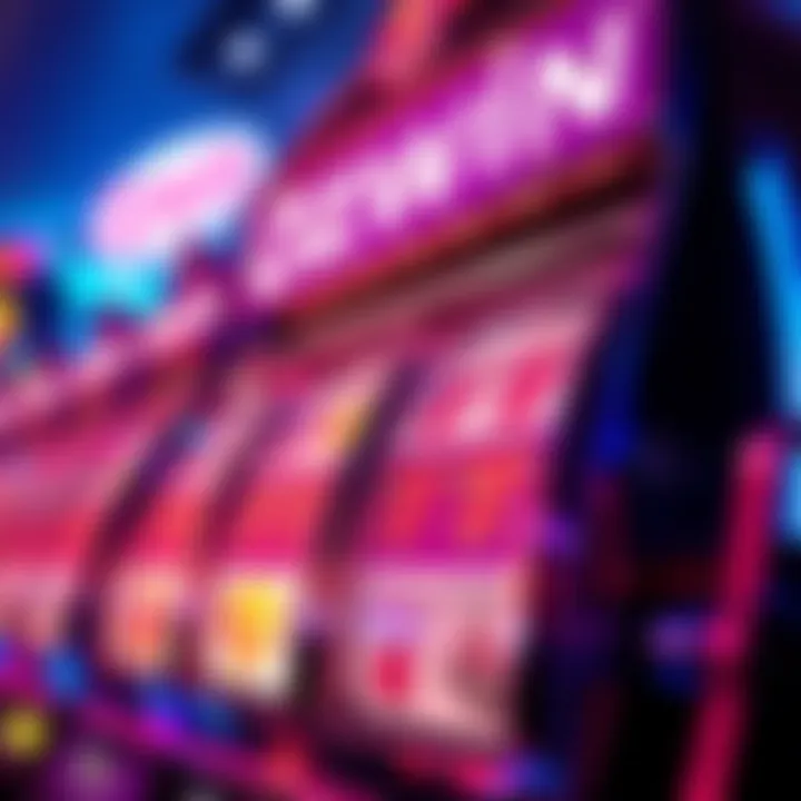 Illustration of a casino slot machine with spinning reels and glowing symbols