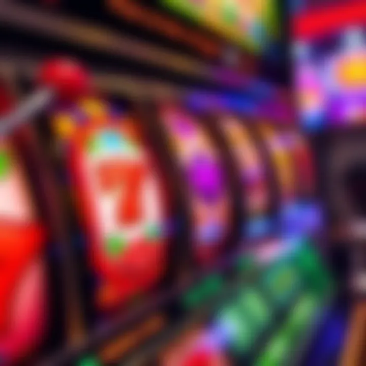 Colorful slot machine reels spinning with various symbols and coins