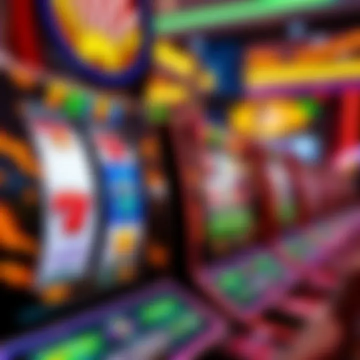 Slot machine reels displaying various casino symbols in a vibrant casino setting