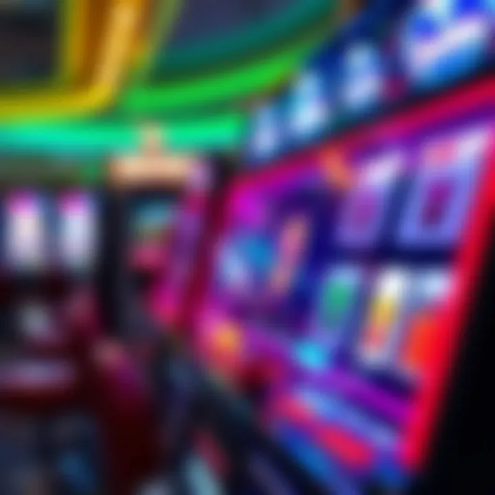 Bright casino slot machine with spinning reels and vibrant colors