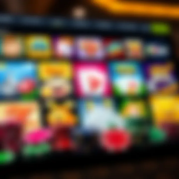 Colorful array of casino game icons including slots, poker chips, and cards on a digital interface