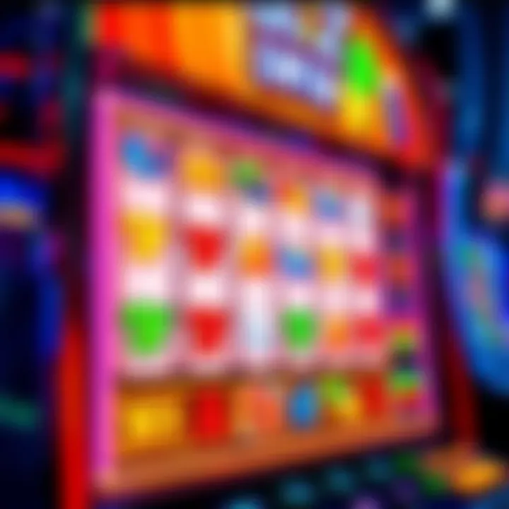 Bright and colorful slot machine interface with various symbols and reels spinning