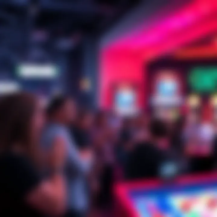 Enthusiastic gaming community gathering at an event featuring Ozwin Games with interactive displays and vibrant lighting