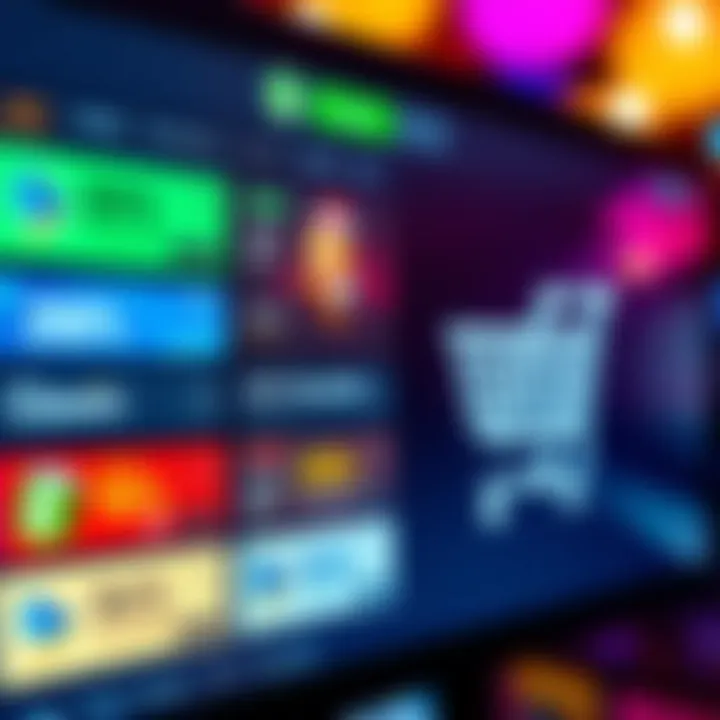 A digital screen showing various discount vouchers and an online shopping cart symbol