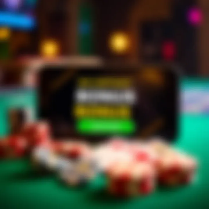 Illustration showing casino chips and playing cards around a digital device displaying a welcome bonus offer