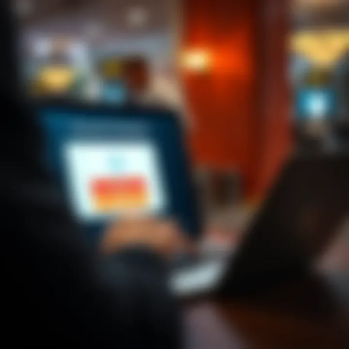 User interacting with laptop displaying password entry and security shield