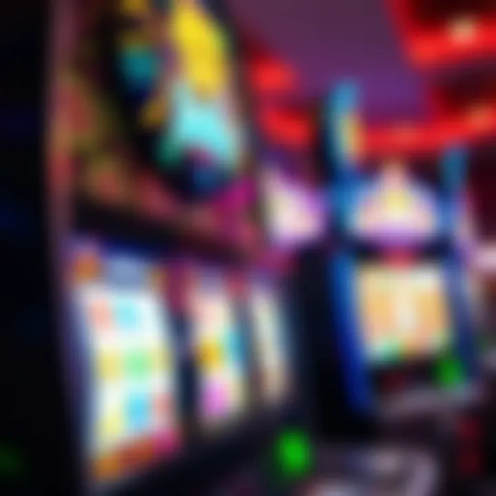 Close-up view of a brightly lit electronic pokies machine with colorful symbols on the reels