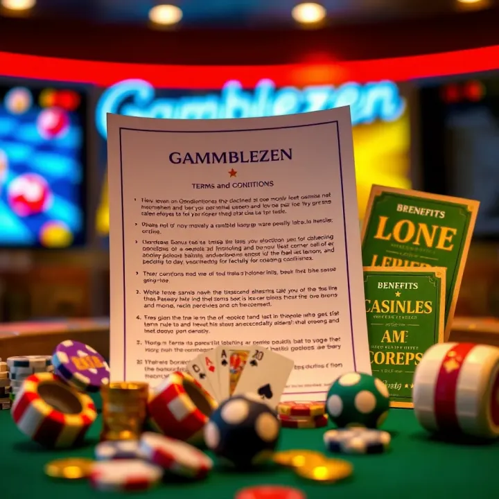 Graphic displaying terms and conditions document alongside casino game icons indicating bonus rules and benefits