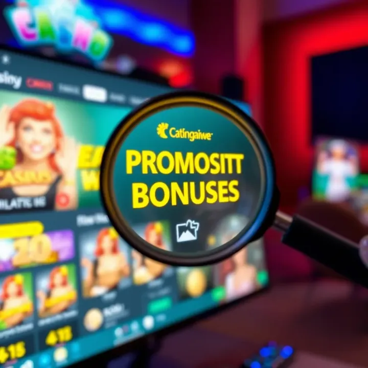 A magnifying glass focusing on a computer screen displaying online casino promotions for Australian players