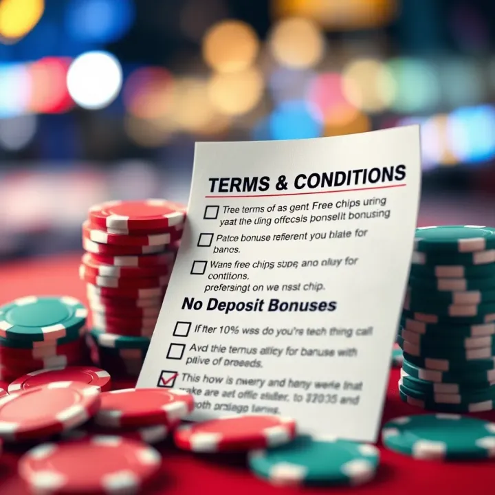 Key Terms and Conditions for Ozwin No Deposit Bonus Offers Graphic depicting a checklist beside casino chips highlighting terms and conditions for no deposit bonuses