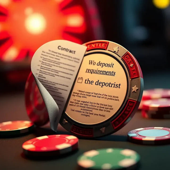 Illustration of a casino chip and a contract representing wagering requirements on no deposit bonuses